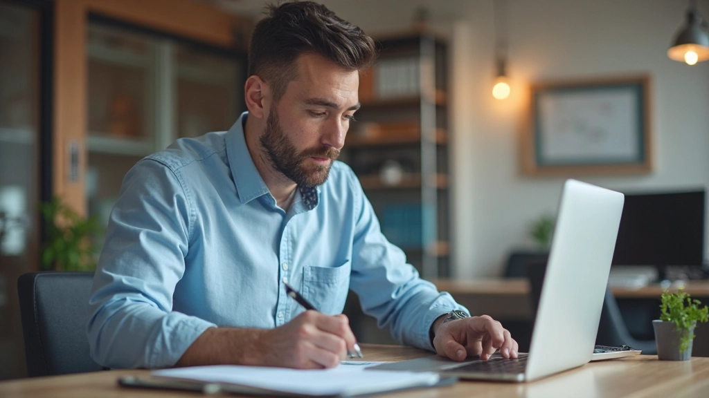 Man die zich concentreert op werkstrategie met laptop en planning tools in kantoor omgeving