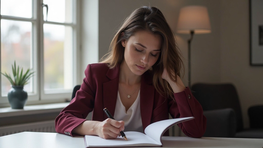 Professionele vrouw die aan strategisch plan werkt met notitieboek en koffie op bureau